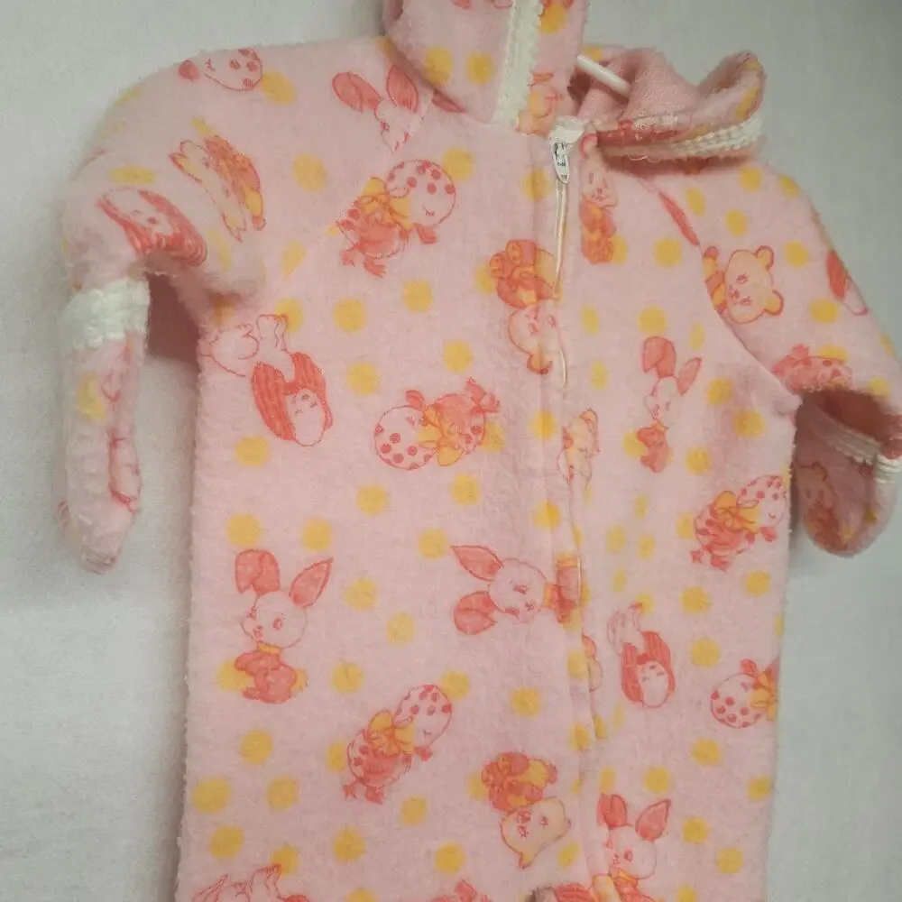 Vintage 80s Pink Footed Hooded Animal Floral Print Fleece Sleeper 0-9 Months